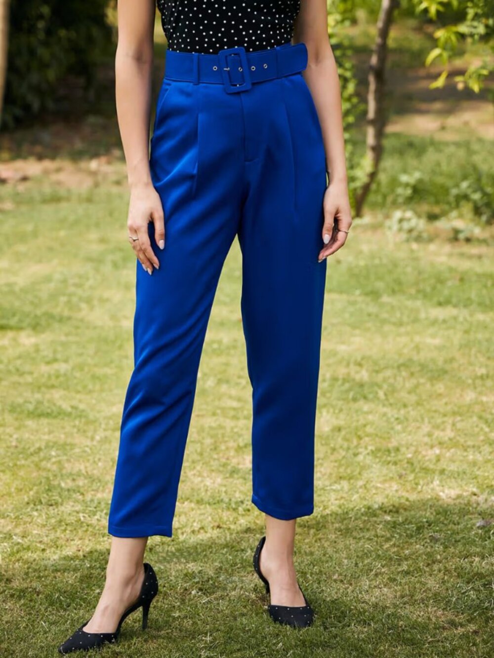 Fashion Nova Royal Blue Belted Trousers Paperbag Waist Pants